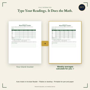 May include: A digital blood sugar tracker template featuring a blank version and a version with calculated weekly averages. The document includes fields for daily readings, goal tracking, and notes, with text stating Type Your Readings. It Does the Math.