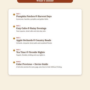 K&ouml;nnte beinhalten: Eine wei&szlig;e Informationskarte mit dem Titel What's Inside und der &Uuml;berschrift Omni Frame Works. Sie listet vier Teile auf: Pumpkin Patches & Harvest Days, Cozy Cafes & Rainy Evenings, Apple Orchards & Country Roads, Tea Time & Fireside Nights sowie einen Bonusbereich.