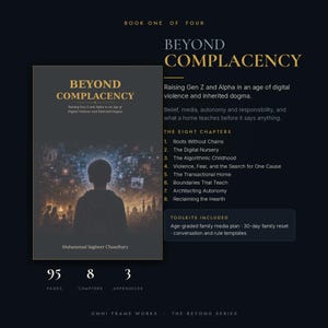 May include: A book titled Beyond Complacency by Muhammad Sagheer Chaudhary, featuring a dark cover with a silhouette of a person facing a digital landscape. The text lists eight chapters, including Roots Without Chains and The Algorithmic Childhood.