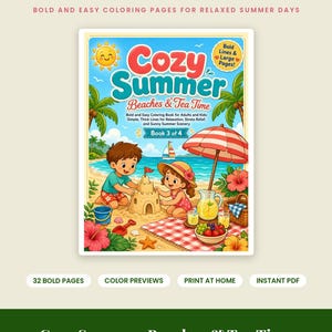 May include: A coloring book titled Cozy Summer: Beaches & Tea Time, Book 3 of 4 by Omni Frame Works. The cover features a cartoon illustration of two children building a sandcastle on a beach with palm trees, a red umbrella, and a picnic.