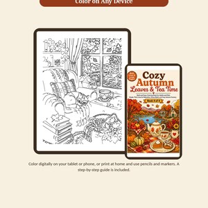 K&ouml;nnte beinhalten: Ein digitales Malbuch mit dem Titel Cozy Autumn Leaves & Tea Time, Book 4 of 4, dargestellt auf zwei Bildschirmen. Ein Bildschirm zeigt eine schwarz-wei&szlig;e Strichzeichnung einer Katze im Sessel, der andere die farbige Version der Szene.