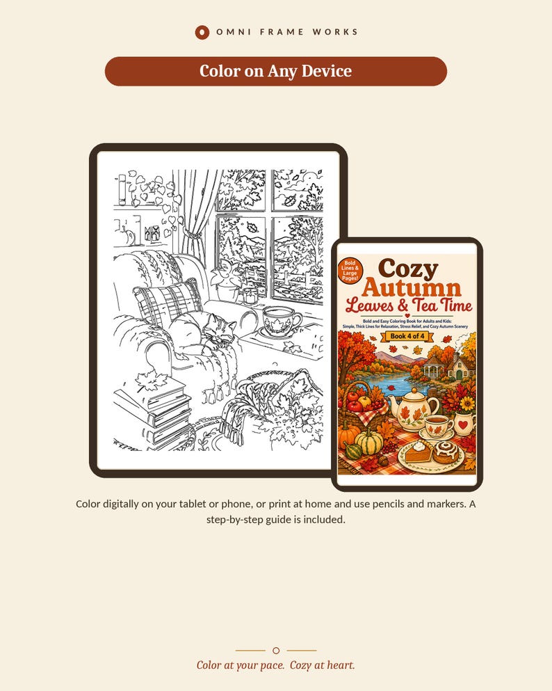 K&ouml;nnte beinhalten: Ein digitales Malbuch mit dem Titel Cozy Autumn Leaves & Tea Time, Book 4 of 4, dargestellt auf zwei Bildschirmen. Ein Bildschirm zeigt eine schwarz-wei&szlig;e Strichzeichnung einer Katze im Sessel, der andere die farbige Version der Szene.