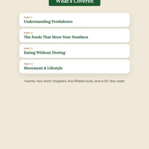 K&ouml;nnte beinhalten: Ein Dokument mit dem Titel What's Covered von Omni Frame Works, das vier Teile auflistet: Understanding Prediabetes, The Foods That Move Your Numbers, Eating Without Dieting und Movement & Lifestyle, sowie zweiundzwanzig Kapitel und einen 30-day reset.