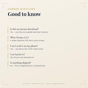 Op de afbeelding: Een informatieve afbeelding met de titel Common Questions Good to know, waarin de specificaties van een digitaal product worden uitgelegd. Het bevestigt directe download, interactief PDF-formaat, mobiele compatibiliteit, afdrukken voor persoonlijk gebruik en geen fysieke verzending.