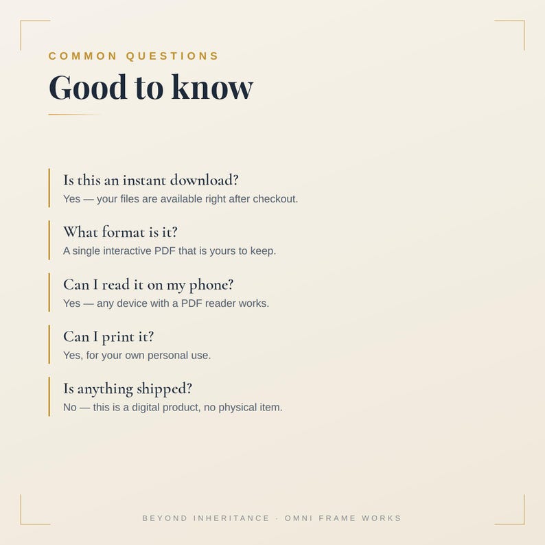 Op de afbeelding: Een informatieve afbeelding met de titel Common Questions Good to know, waarin de specificaties van een digitaal product worden uitgelegd. Het bevestigt directe download, interactief PDF-formaat, mobiele compatibiliteit, afdrukken voor persoonlijk gebruik en geen fysieke verzending.