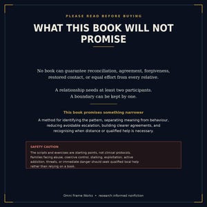 K&ouml;nnte beinhalten: Eine dunkelblaue Infografik mit dem Titel WHAT THIS BOOK WILL NOT PROMISE. Sie erl&auml;utert, dass kein Buch Vers&ouml;hnung garantieren kann, betont, dass eine Beziehung zwei Teilnehmer ben&ouml;tigt, und enth&auml;lt einen Sicherheitshinweis zu klinischen Protokollen.