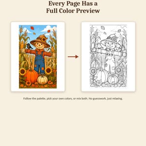 K&ouml;nnte beinhalten: Eine Malbuchseite mit einer farbigen Illustration einer Vogelscheuche in einem Maisfeld mit K&uuml;rbissen und Sonnenblumen neben dem schwarz-wei&szlig;en Gegenst&uuml;ck. Der Text lautet: OMNI FRAME WORKS, Every Page Has a Full Color Preview.