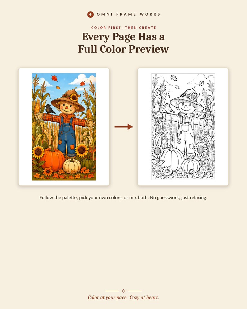 K&ouml;nnte beinhalten: Eine Malbuchseite mit einer farbigen Illustration einer Vogelscheuche in einem Maisfeld mit K&uuml;rbissen und Sonnenblumen neben dem schwarz-wei&szlig;en Gegenst&uuml;ck. Der Text lautet: OMNI FRAME WORKS, Every Page Has a Full Color Preview.