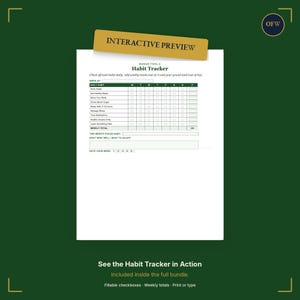 May include: A white habit tracker sheet with a gold interactive preview banner. The document includes a weekly grid for daily habits, checkboxes, weekly totals, a focus habit section, reflection space, and a rating scale for the week.
