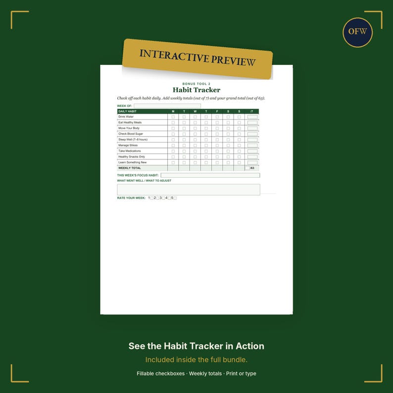 May include: A white habit tracker sheet with a gold interactive preview banner. The document includes a weekly grid for daily habits, checkboxes, weekly totals, a focus habit section, reflection space, and a rating scale for the week.