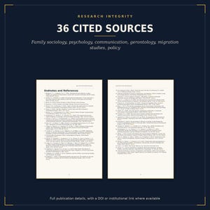 K&ouml;nnte beinhalten: Eine dunkelblaue Grafik mit dem Text RESEARCH INTEGRITY, 36 CITED SOURCES und einer Liste von Fachgebieten wie Familiensoziologie und Psychologie. Darunter zeigen zwei wei&szlig;e Seiten eine nummerierte Liste mit dem Titel Endnotes and References.