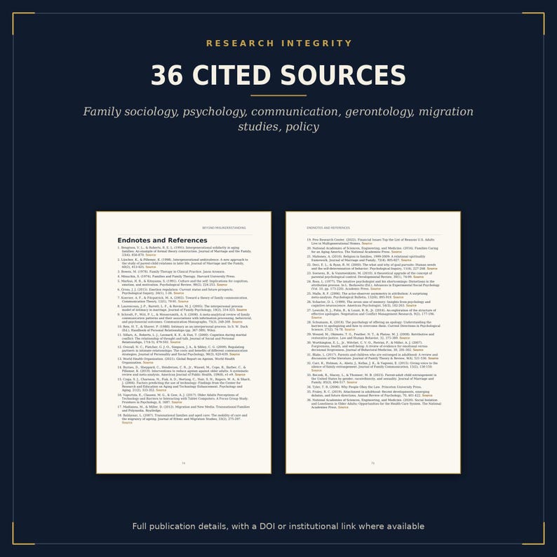K&ouml;nnte beinhalten: Eine dunkelblaue Grafik mit dem Text RESEARCH INTEGRITY, 36 CITED SOURCES und einer Liste von Fachgebieten wie Familiensoziologie und Psychologie. Darunter zeigen zwei wei&szlig;e Seiten eine nummerierte Liste mit dem Titel Endnotes and References.