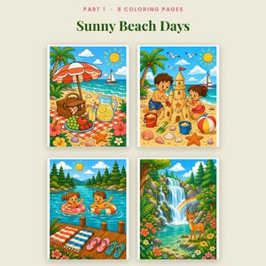 May include: A digital collection of 8 coloring pages titled Sunny Beach Days by Omni Frame Works. The pages feature colorful illustrations of beach picnics, children building sandcastles, swimming in a lake, and a deer near a waterfall.