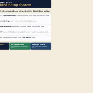 Peut inclure: Le syst&egrave;me de configuration guid&eacute;e Omni Frame Works est un classeur de 5 feuilles avec un guide de d&eacute;marrage. Il comprend des &eacute;tapes num&eacute;rot&eacute;es pour la taxonomie, les r&eacute;pertoires, les m&eacute;ta-champs, l'export CSV et le suivi des prospects.