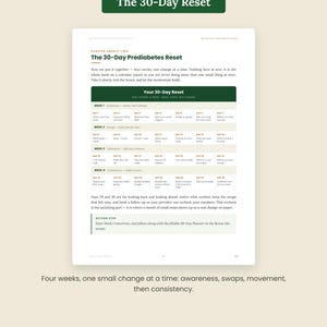 K&ouml;nnte beinhalten: Eine gedruckte Seite mit dem Titel The 30-Day Prediabetes Reset von Omni Frame Works. Das Dokument enth&auml;lt eine strukturierte vierw&ouml;chige Kalendertabelle mit t&auml;glichen Aufgaben, die sich auf Bewusstsein, Ern&auml;hrungsumstellungen und Best&auml;ndigkeit konzentrieren.