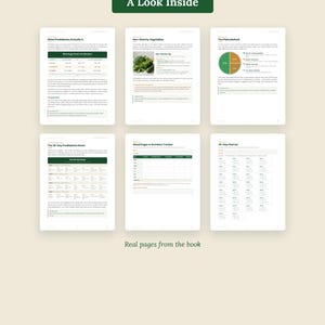 K&ouml;nnte beinhalten: Sechs wei&szlig;e Seiten aus einem Buch mit dem Titel Omni Frame Works und der &Uuml;berschrift A Look Inside. Die Seiten enthalten Text, Diagramme und Tabellen zum Thema Pr&auml;diabetes, darunter einen Blutzucker-Tracker, einen 30-Tage-Planer und einen Ratgeber.