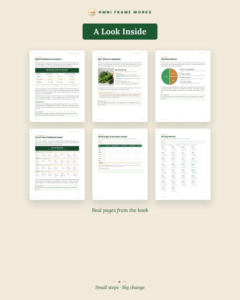 K&ouml;nnte beinhalten: Sechs wei&szlig;e Seiten aus einem Buch mit dem Titel Omni Frame Works und der &Uuml;berschrift A Look Inside. Die Seiten enthalten Text, Diagramme und Tabellen zum Thema Pr&auml;diabetes, darunter einen Blutzucker-Tracker, einen 30-Tage-Planer und einen Ratgeber.