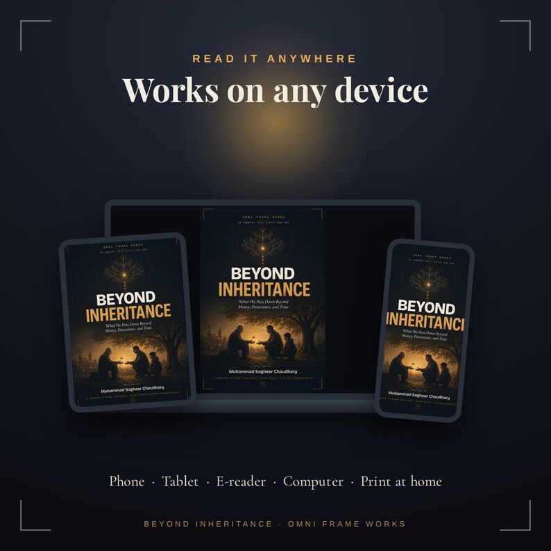 Op de afbeelding: Een digitale weergave van het boek Beyond Inheritance op een laptop, tablet en smartphone. De cover toont een gouden boom en figuren die eronder zitten. Tekst: Read it anywhere, Works on any device, Phone, Tablet, E-reader, Computer.