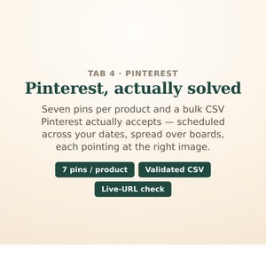 Peut inclure: Un graphique num&eacute;rique sur fond cr&egrave;me clair avec du texte vert fonc&eacute; indiquant : TAB 4 PINTEREST, Pinterest, actually solved, Seven pins per product and a bulk CSV Pinterest actually accepts, 7 pins / product, Validated CSV, Live-URL check.