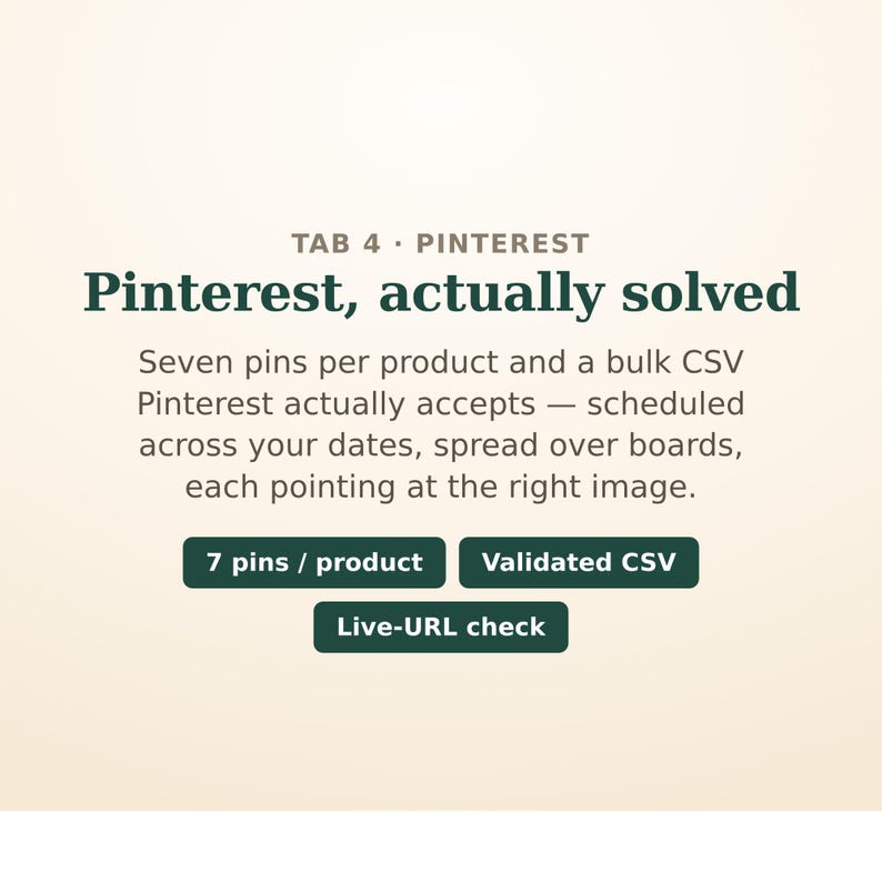 Peut inclure: Un graphique num&eacute;rique sur fond cr&egrave;me clair avec du texte vert fonc&eacute; indiquant : TAB 4 PINTEREST, Pinterest, actually solved, Seven pins per product and a bulk CSV Pinterest actually accepts, 7 pins / product, Validated CSV, Live-URL check.