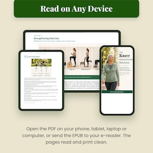 Może przedstawiać: Cyfrowa książka zatytułowana The Knee Osteoarthritis Solution wyświetlona na ekranie laptopa, tabletu i smartfona. Strony zawierają tekst, ilustracje ćwiczeń oraz okładkę przedstawiającą osobę spacerującą na zewnątrz.