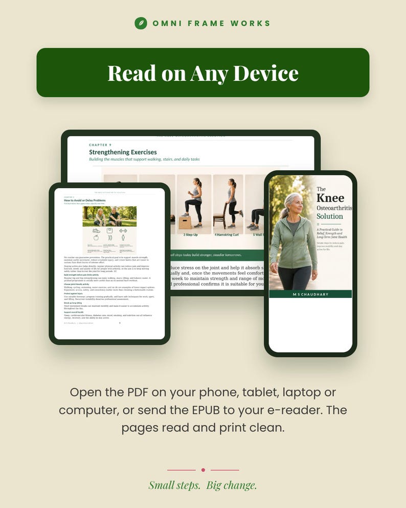 Może przedstawiać: Cyfrowa książka zatytułowana The Knee Osteoarthritis Solution wyświetlona na ekranie laptopa, tabletu i smartfona. Strony zawierają tekst, ilustracje ćwiczeń oraz okładkę przedstawiającą osobę spacerującą na zewnątrz.
