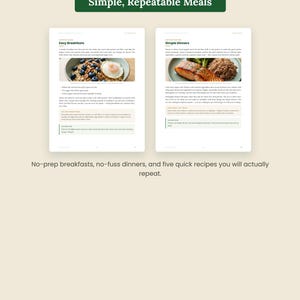 K&ouml;nnte beinhalten: Zwei Seiten eines digitalen Leitfadens mit dem Titel Simple, Repeatable Meals von Omni Frame Works. Die Seiten enthalten Textabschnitte mit den Titeln Easy Breakfasts und Simple Dinners, jeweils mit einem Foto, Listen und Textbl&ouml;cken.