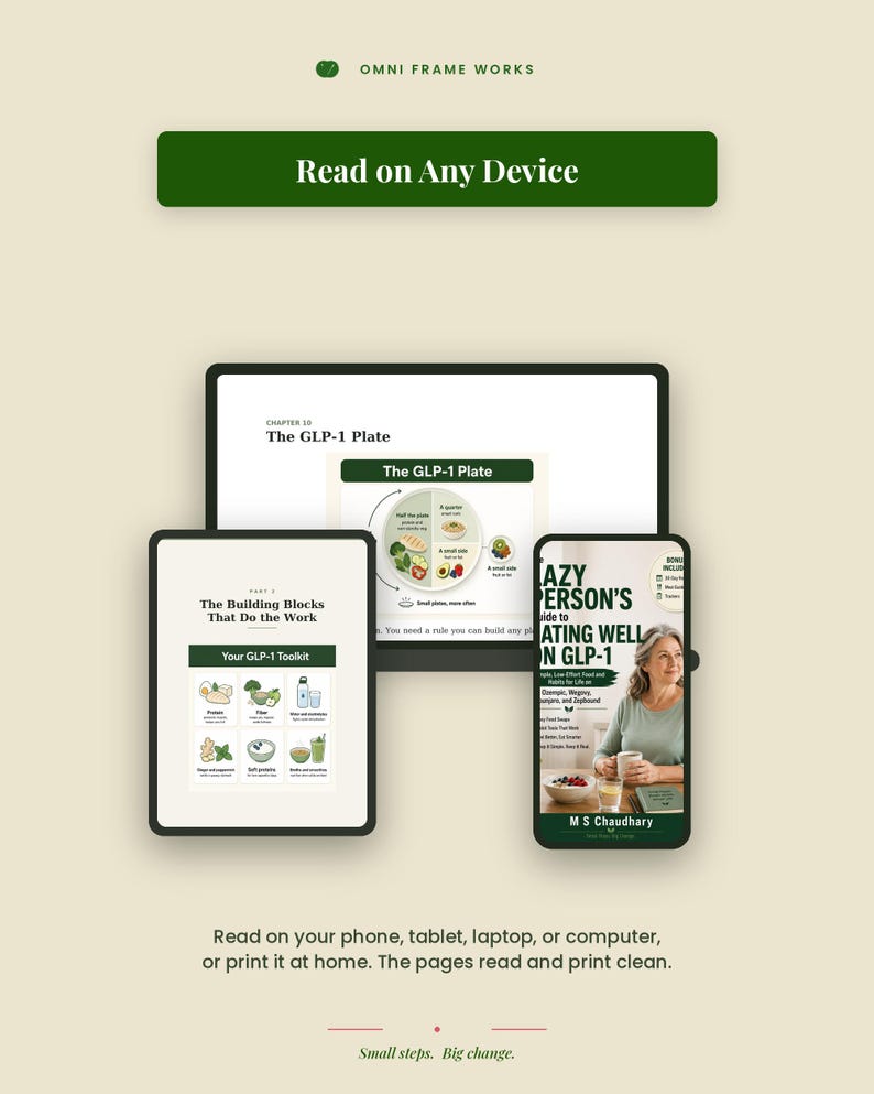 May include: A digital guide titled The Lazy Person's Guide to Eating Well on GLP-1 displayed on a laptop, tablet, and smartphone. The screens show nutritional information, the GLP-1 plate method, and a cover image with the author M S Chaudhary.