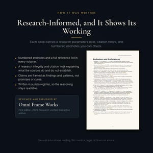 May include: A dark background graphic titled How It Was Written, Research-Informed, and It Shows Its Working. It lists features like numbered endnotes, research integrity notes, and plain register text. It includes a page showing Endnotes and References.