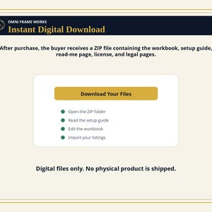 Peut inclure: Un graphique d'instructions de t&eacute;l&eacute;chargement num&eacute;rique avec un en-t&ecirc;te bleu fonc&eacute; intitul&eacute; OMNI FRAME WORKS Instant Digital Download. Il liste les &eacute;tapes pour ouvrir un dossier ZIP, lire le guide, modifier le classeur et importer les listes.