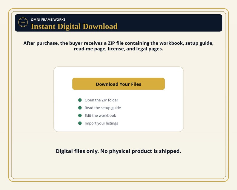 Peut inclure: Un graphique d'instructions de t&eacute;l&eacute;chargement num&eacute;rique avec un en-t&ecirc;te bleu fonc&eacute; intitul&eacute; OMNI FRAME WORKS Instant Digital Download. Il liste les &eacute;tapes pour ouvrir un dossier ZIP, lire le guide, modifier le classeur et importer les listes.
