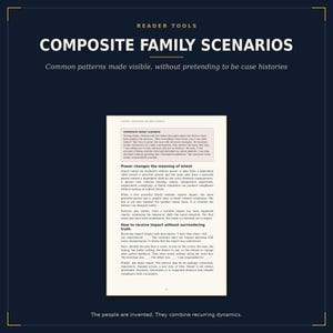K&ouml;nnte beinhalten: Ein Dokument mit dem Titel COMPOSITE FAMILY SCENARIOS und dem Untertitel Common patterns made visible, without pretending to be case histories. Die Seite enth&auml;lt Abschnitte zu Power changes the meaning of intent und How to receive impact.