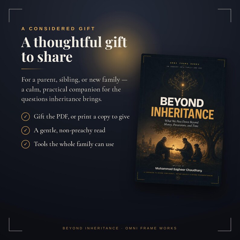Op de afbeelding: Een boek getiteld Beyond Inheritance door Muhammad Sagheer Chaudhary. De omslag toont een donkere, sfeervolle illustratie van drie figuren die in de schemering onder een grote boom zitten, met een gloeiende lantaarn. Tekst: A Considered Gift en A thoughtful gift to share.