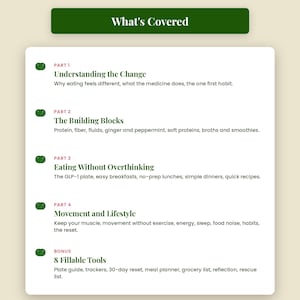 May include: A white informational card titled What's Covered by Omni Frame Works. It lists four parts: Understanding the Change, The Building Blocks, Eating Without Overthinking, and Movement and Lifestyle, plus a bonus section for 8 Fillable Tools.