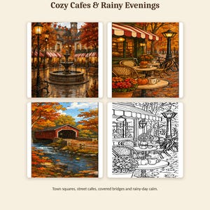 K&ouml;nnte beinhalten: Eine digitale Sammlung mit dem Titel Omni Frame Works Part 2: 8 Coloring Pages Cozy Cafes & Rainy Evenings. Sie enth&auml;lt vier Illustrationen herbstlicher Szenen, darunter einen Dorfbrunnen, Caf&eacute;tische, eine &uuml;berdachte Br&uuml;cke und eine Strichzeichnung.