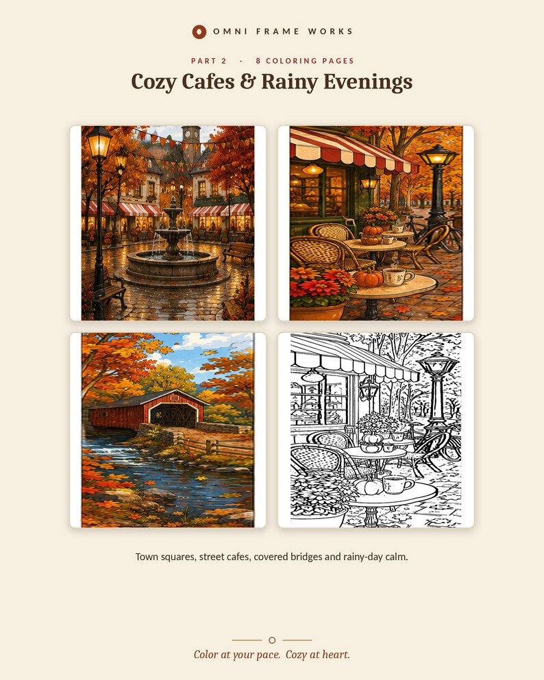 K&ouml;nnte beinhalten: Eine digitale Sammlung mit dem Titel Omni Frame Works Part 2: 8 Coloring Pages Cozy Cafes & Rainy Evenings. Sie enth&auml;lt vier Illustrationen herbstlicher Szenen, darunter einen Dorfbrunnen, Caf&eacute;tische, eine &uuml;berdachte Br&uuml;cke und eine Strichzeichnung.