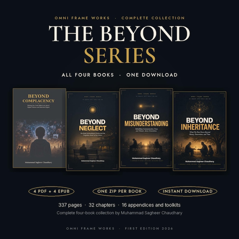 May include: A digital collection titled The Beyond Series by Muhammad Sagheer Chaudhary, featuring four books: Beyond Complacency, Beyond Neglect, Beyond Misunderstanding, and Beyond Inheritance. The set includes 4 PDFs and 4 EPUBs in one download.