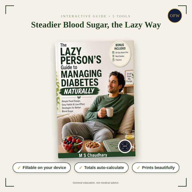 May include: A book titled The Lazy Person's Guide to Managing Diabetes Naturally by M S Chaudhary. The cover features a person sitting on a couch holding a mug, with a bowl of berries and nuts nearby. Text includes Interactive Guide + 5 Tools.