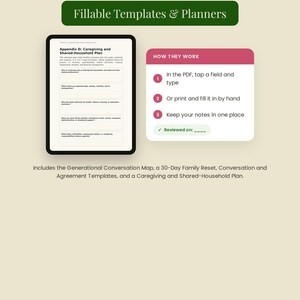 K&ouml;nnte beinhalten: Ein digitales Dokument mit dem Titel Appendix D: Caregiving and Shared-Household Plan neben einem rosa Kasten HOW THEY WORK mit drei nummerierten Schritten. Der Text enth&auml;lt Omni Frame Works, Fillable Templates & Planners und Small steps. Big change.