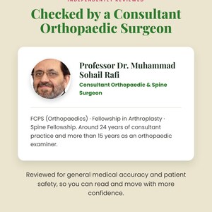 Może przedstawiać: Profesjonalna karta informacyjna z tekstem Omni Frame Works, Independently Reviewed oraz Checked by a Consultant Orthopaedic Surgeon. Zawiera portret profesora dr. Muhammada Sohaila Rafiego, Consultant Orthopaedic & Spine Surgeon, wraz z jego kwalifikacjami i doświadczeniem. Dolny tekst brzmi Reviewed for general medical accuracy and patient safety, so you can read and move with more confidence, a po nim Small steps. Big change.
