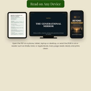 K&ouml;nnte beinhalten: Eine digitale Anzeige mit dem Omni Frame Works Branding, dem Text Read on Any Device und drei Bildschirmen: ein Tablet mit Appendix C Text, ein Monitor mit Chapter 1 The Generational Mirror und ein Smartphone mit dem Buch Beyond Isunderstanding.