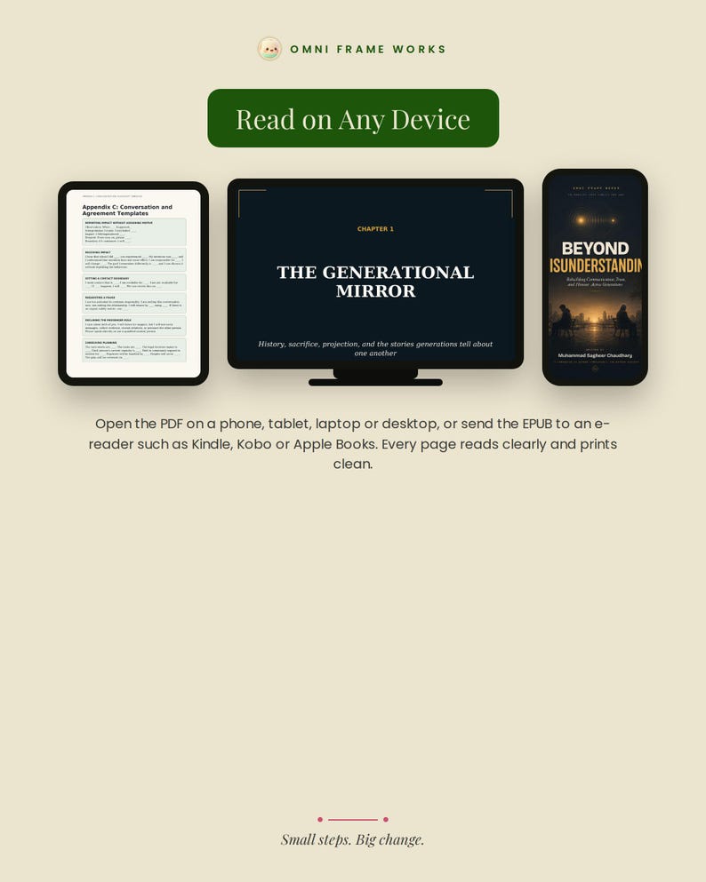 K&ouml;nnte beinhalten: Eine digitale Anzeige mit dem Omni Frame Works Branding, dem Text Read on Any Device und drei Bildschirmen: ein Tablet mit Appendix C Text, ein Monitor mit Chapter 1 The Generational Mirror und ein Smartphone mit dem Buch Beyond Isunderstanding.