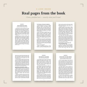 Op de afbeelding: Een weergave van zes boekpagina's in twee rijen, met zwarte tekst op wit papier. Het bovenste gedeelte bevat de kop A LOOK INSIDE en Real pages from the book. De pagina's tonen hoofdstuktitels zoals THE INHERITED MIND en THE DIGITAL PACIFIER.