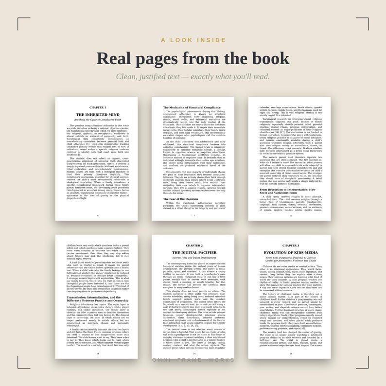 Op de afbeelding: Een weergave van zes boekpagina's in twee rijen, met zwarte tekst op wit papier. Het bovenste gedeelte bevat de kop A LOOK INSIDE en Real pages from the book. De pagina's tonen hoofdstuktitels zoals THE INHERITED MIND en THE DIGITAL PACIFIER.