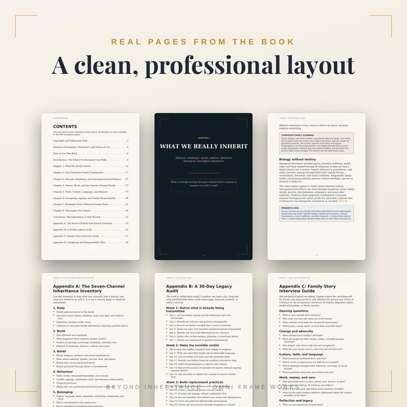 Op de afbeelding: Een verzameling boekpagina's met een strakke, professionele lay-out. De tekst bevat een inhoudsopgave, een hoofdstuktitelpagina met de titel What We Really Inherit en bijlagen over een erfenisaudit en interviewgidsen.