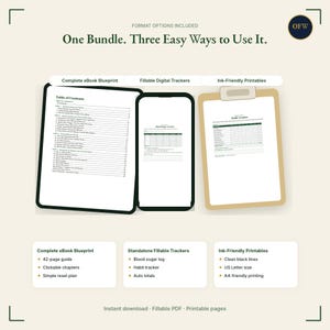 May include: A digital bundle featuring an eBook blueprint, fillable digital trackers, and ink-friendly printables. The display shows a table of contents, a blood sugar log on a smartphone, and a habit tracker on a clipboard with text.