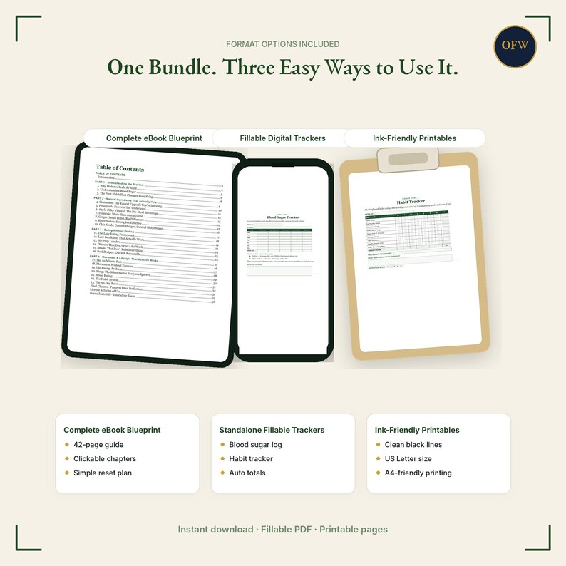 May include: A digital bundle featuring an eBook blueprint, fillable digital trackers, and ink-friendly printables. The display shows a table of contents, a blood sugar log on a smartphone, and a habit tracker on a clipboard with text.