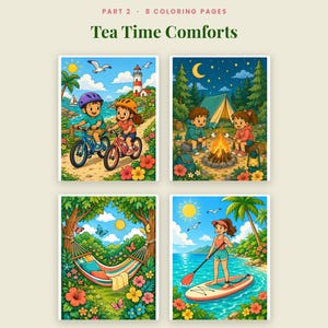 May include: A digital collection titled Tea Time Comforts by Omni Frame Works, featuring 8 coloring pages. The display shows four illustrations: children cycling by a lighthouse, camping by a fire, a hammock in a garden, and paddleboarding.