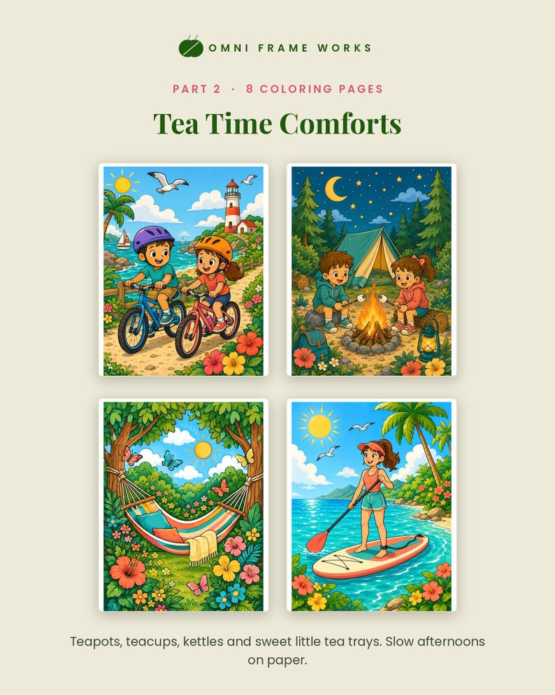 May include: A digital collection titled Tea Time Comforts by Omni Frame Works, featuring 8 coloring pages. The display shows four illustrations: children cycling by a lighthouse, camping by a fire, a hammock in a garden, and paddleboarding.