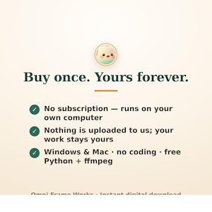 Peut inclure: Une publicit&eacute; pour un produit num&eacute;rique avec une ic&ocirc;ne de personnage de dessin anim&eacute; au-dessus du texte Buy once. Yours forever. Elle liste les caract&eacute;ristiques : pas d'abonnement, rien n'est t&eacute;l&eacute;charg&eacute;, compatible Windows et Mac, Python et ffmpeg.